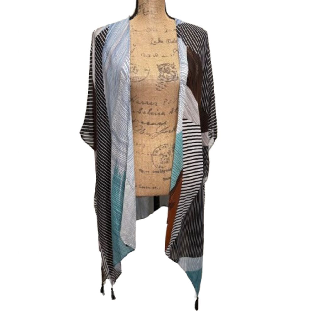 Moss Rose Open‎ Front Kimono Tassel Hem Abstract Print Flowy Coverup One Size